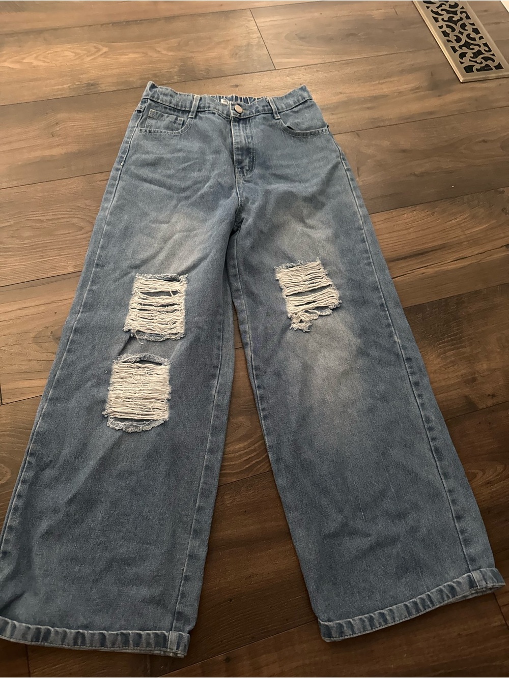 Kids Wide Leg Distressed Jeans - Light Blue